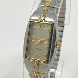 Vintage Inspired Tank Watch Women Silver Gold Tone Stretch Band New Batter 6.25"